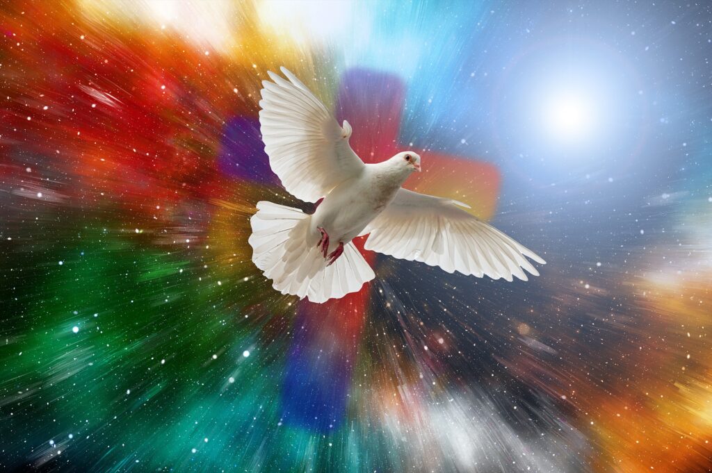 Goodness from the Holy Spirit shown in bright colors with the cross and a dove across it 